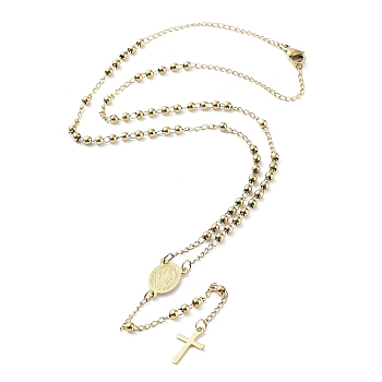 202 Stainless Steel Rosary Bead Necklaces, Cross Pendant Necklaces, Golden, 18-7/8 inch(47.8cm)