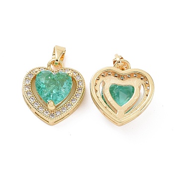 Real 18K Gold Plated Brass Micro Pave Cubic Zirconia Pendants, Heart Charms, Medium Spring Green, 15x14x6.5mm, Hole: 2.5x4.5mm