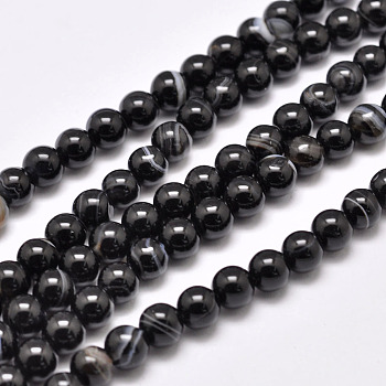 Natural Striped Agate/Banded Agate Bead Strands, Dyed & Heated, Round, Grade A, Black, 12mm, Hole: 1.2mm, about 32pcs/strand, 14.7 inch(37.3cm)
