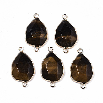 Natural Tiger Eye Links Connectors, with Light Gold Plated Brass Findings, Faceted Teardrop, 31.5x17x5~6mm, Hole: 2.5mm