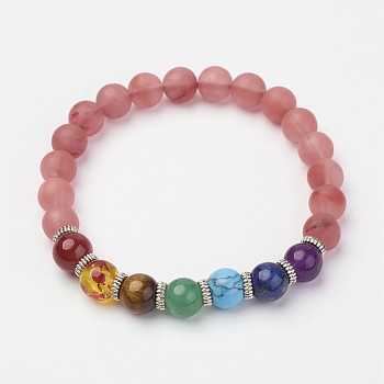 Cherry Quartz Glass Beaded and Gemstone Beaded Stretch Bracelets, with Alloy Spacer Beads, Frosted, 1-7/8 inch~2 inch(49~50mm)