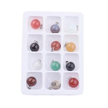 Gemstone Pendants, with Brass Clasps, Mixed Stone, Round, Mixed Color, 18x14mm, Hole: 6x2mm, 12pcs/box