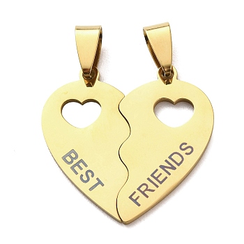 201 Stainless Steel Split Pendants, Heart & Word BEST FRIENDS Pattern Charms, Real 18K Gold Plated, 29.5x29.5x1.5mm, Hole: 9.5x4.5mm