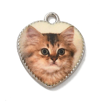 Alloy Pendant, Heart with Cat, Platinum, PeachPuff, 21x18x2.5mm, Hole: 2mm