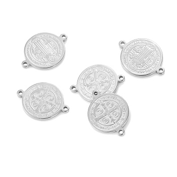 Anti-Tarnish 304 Stainless Steel Flat Round Connector Charms, Saint Benedict Cross Medal Links, Stainless Steel Color, 15x10mm, Hole: 1.5mm