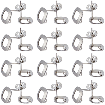 50Pcs 304 Stainless Steel Stud Earring Findings, with Vertical Loops, Rhombus, with 50Pcs 201 Stainless Steel Ear Nuts, Stainless Steel Color, 9.5x9.5x1mm, Hole: 2mm