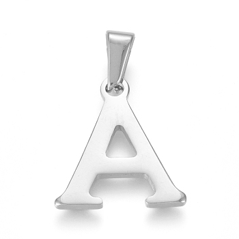 304 Stainless Steel Pendants, Stainless Steel Color, Initial Letter.A, 19x17x1.8mm, Hole: 3x7mm