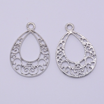 Hollow Alloy Kitten Open Back Bezel Pendants, for DIY UV Resin, Epoxy Resin, Pressed Flower Jewelry, Cadmium Free & Lead Free, Teardrop, Platinum, 26.5x18.5x1mm, Hole: 1.5mm