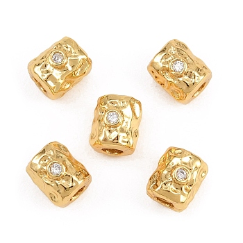 Brass Micro Pave Clear Cubic Zirconia Beads, Textured Column, Real 18K Gold Plated, 6x5mm, Hole: 2mm