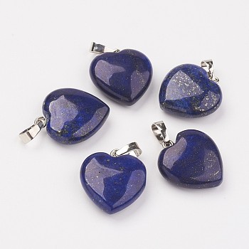 Natural Dyed Lapis Lazuli Pendants, Heart, with Brass Findings, Platinum, 22~23x20~20.5x6~7.5mm, Hole: 5x8mm