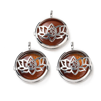 Natural Carnelian Locket Pendants, Flat Round Charms, with Platinum Plated Brass Lotus Findings, 31.5x27x9mm, Hole: 4.6mm