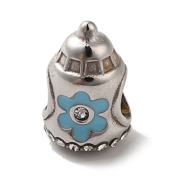 304 Stainless Steel Enamel European Beads, with Rhinestone, Large Hole Beads, Feeding Bottle with Flower Pattern, Stainless Steel Color, 13.5x9mm, Hole: 4.5mm