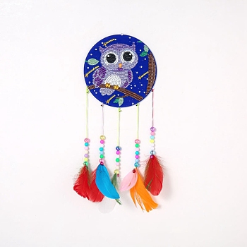 DIY Diamond Painting Hanging Woven Net/Web with Feather Pendant Kits, Including Acrylic Plate, Pen, Tray, Bells and Random Color Feather, Wind Chime Crafts for Home Decor, Owl Pattern, 400x146mm