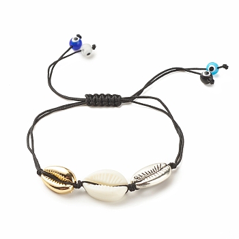 Acrylic & Alloy Shell Braided Bead Bracelet with Lampwork Evil Eye, Adjustable Bracelet for Women, Black, Inner Diameter: 1/2~3-1/2 inch(1.4~8.8cm)