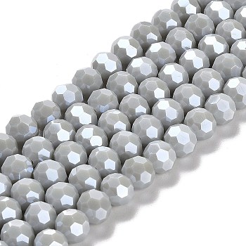Electroplate Opaque Glass Beads Strands, Faceted(32 Facets), Pearl Luster Plated, Round, Light Grey, 8mm, Hole: 1mm, about 66~69pcs/strand, 19.29~19.57 inch(49~49.7cm)