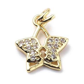 Brass Micro Pave Cubic Zirconia Charms, with Jump Ring, Star with Butterfly Charms, Real 18K Gold Plated, 12.5x10.5x2mm, Hole: 3.2mm