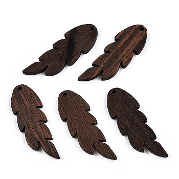 Natural Wenge Wood Pendants, Undyed, Leaf Charms, Coconut Brown, 47~48x16.5x3.5mm, Hole: 2mm