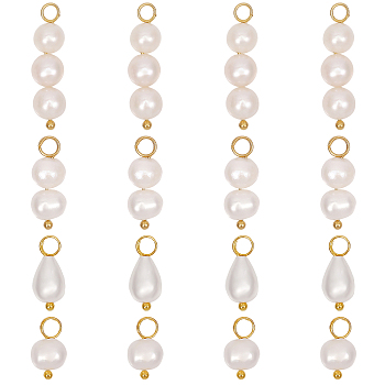 16Pcs 4 Styles Natural Freshwater Pearl Pendants, Teardrop & Round Charms, with Metal Loops, Golden, 12~24x6~6.5x5.5~6.5mm, Hole: 2.8mm, 4pcs/style