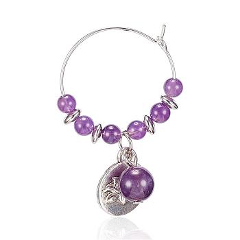Natural Amethyst Wine Glass Charms, with Alloy Lotus Pendants and Brass Hoops, 46x27mm