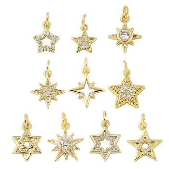 10Pcs 10 Styles Star Brass Micro Pave Clear Cubic Zirconia Charms, Mixed Shapes, 10.5~15x8.5~13x1.5~4mm, Hole: 2~4mm, 1pc/style