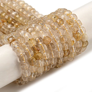 Natural Gold Rutilated Quartz Beads Strands, Faceted, Cube, 4x4x4mm, Hole: 0.7mm, about 94pcs/strand, 15.24''(38.7cm)