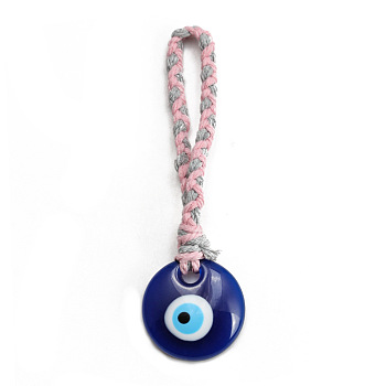 Flat Round with Evil Eye Resin Pendant Decorations, Braided Cotton Cord Hanging Ornament, Thistle, 12.8cm