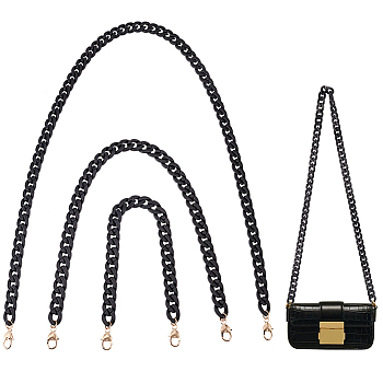 Elite 3Pcs 3 Styles Purse Chains, Acrylic Curb Chain Bag Straps, with Alloy Heart Lobster Claw Clasp, Black, 40~100cm, 1pc/style