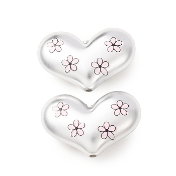 Plating Printed Acrylic Beads, Heart with Flower, Silver Plated, 19x28.5x9mm, Hole: 1.7mm