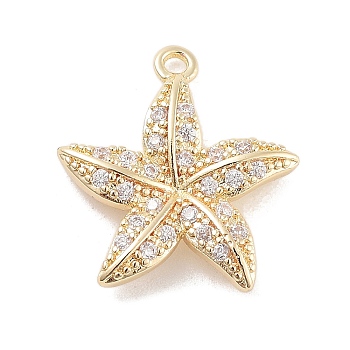 Brass Pave Clear Cubic Zirconia Pendants, Starfish, Long-Lasting Plated, Real 14K Gold Plated, 18.5x16.5x3.5mm, Hole: 1.4mm