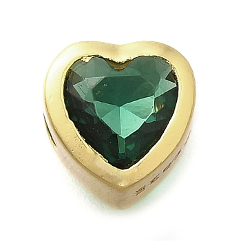 925 Sterling Silver Cubic Zirconia Beads, Heart, with 925 Stamp, Golden, Green, 6.5x6.5x4.5mm, Hole: 1.5mm