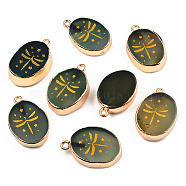 Natural Agate Pendants, with Light Gold Plated Brass Edge & Iorn Loops, Gold Powder, Dyed & Heated, Oval with Dragonfly Charm, Dark Olive Green, 23~24x15~16.5x4~6.5mm, Hole: 1.6mm(G-N326-153B)