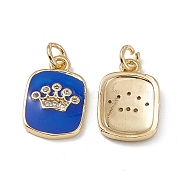 Brass Micro Pave Cubic Zirconia Enamel Pendants, with Jump Ring, Real 18K Gold Plated, Rectangle with Crown Pattern Charm, Blue, 16x11x2mm, Hole: 3.4mm(KK-E068-VB149-1)