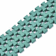 Spray Painted Non-magnetic Synthetic Hematite Multi-Strand Links, for Tile Elastic Bracelets Making, Bowknot, Teal, 7x6x3mm, Hole: 1mm, about 94~99pcs/strand, 16.14~17.32 inch(41~44cm)(G-R468-06-03)