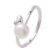 Round Natural Pearl Finger Rings, Heart Rhodium Plated Sterling Silver Finger Rings for Women, Platinum, US Size 7 1/4(17.5mm)(RJEW-P113-08P)