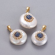 Natural Cultured Freshwater Pearl Pendants, with Brass Micro Pave Cubic Zirconia Findings, Nuggets with Flower, Long-Lasting Plated, Golden, Blue, 17~27x12~16x6~12mm, Hole: 4x2.5mm(KK-L187-02A)