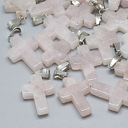 Natural Rose Quartz Pendants, with Stainless Steel Snap On Bails, Cross, 29~30x18~19x5~6mm, Hole: 6x4mm(G-T080-19)