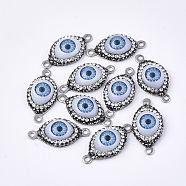 Polymer Clay Rhinestone Links connectors, with 304 Stainless Steel Findings and Resin, Evil Eye, Stainless Steel Color, 26x13~13.5x6.5mm, Hole: 1.8mm(RB-T010-09)