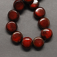 Handmade Porcelain Beads, Fancy Antique Glazed Porcelain, Flat Round, Dark Red, 12x7mm, Hole: 3mm(PORC-Q185-12mm-5)