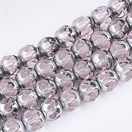 Electroplate Glass Beads Strands, Half Silver Plated, Faceted, Round, Pink, 8~8.5x7~8mm, Hole: 1mm, about 40pcs/strand, 11.8 inch(X-EGLA-T019-02B)