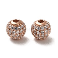 925 Sterling Silver Micro Pave Cubic Zirconia Beads, Round, Rose Gold, Clear, 8x7.5mm, Hole: 2.2mm(STER-H110-24B-01RG)
