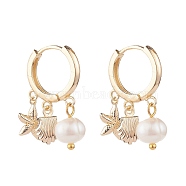 Starfish & Shell & Natural Pearl Drop Huggie Hoop Earrings, Brass Jewelry for Women, Golden, 26.5mm, Pin: 0.8mm(EJEW-SZ0001-61)