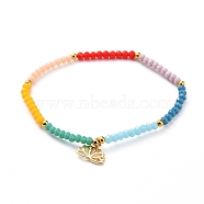 Chakra Jewelry, Charm Bracelets, with Faceted Rondelle Glass Beads and Real 18K Gold Plated Brass Charms, Lotus Flower, Colorful, 2-1/8 inch(5.5cm)(BJEW-JB04764-05)