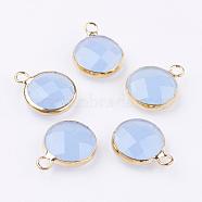 Golden Tone Brass Glass Flat Round Charms, Faceted, Cornflower Blue, 14x10.5x5mm, Hole: 1.5mm(GLAA-M003-B-18G)