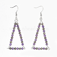 Natural Amethyst Beads Dangle Earrings, with Natural Pyrite Beads and 304 Stainless Steel Findings, Triangle, Stainless Steel Color, 70mm, Pendant: 50x35x4mm, Pin: 0.7mm(EJEW-JE02810-08)