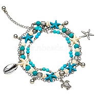Synthetic Turquoise Beads Multi-strand Anklet, Starfish & Shell & Tortoise Charm Anklet for Women, 9-1/2 inch(24cm)(AJEW-SW00008)
