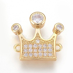 Brass Micro Pave Cubic Zirconia Links, Crown, Clear, Real 18K Gold Plated, 17x17.5x3mm, Hole: 1.2mm(ZIRC-F088-016G)