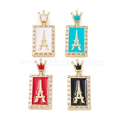 Brass Micro Pave Clear Cubic Zirconia Pendants, with Enamel, Long-Lasting Plated, Rectangle with Tower, Real 18K Gold Plated, Mixed Color, 33x19x3mm, Hole: 6x3.5mm(ZIRC-Z016-35G)