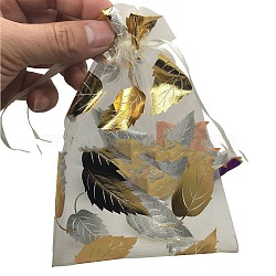 Gold Stamping Leaf Organza Printed Gift Bags with Drawstring, Jewelry Pouches, Wedding Party Christmas Favor Gift Bags, Rectangle, Gold, 12x9cm(PW-WGCD8B4-01)