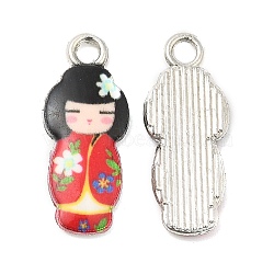 Alloy Enamel Pendants, Cadmium Free & Nickel Free & Lead Free, Platinum, Japanese Doll Charm, Red, 21x8.5x2mm, Hole: 2mm(FIND-C037-17P-04)