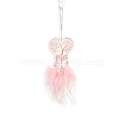 Natural Rose Quartz Heart with Tree of Life Pendant Decorations, with Brass Finding and Feather, for Car Rearview Mirror Hanging Ornaments, Pink, 350x80mm(PW-WG95055-01)